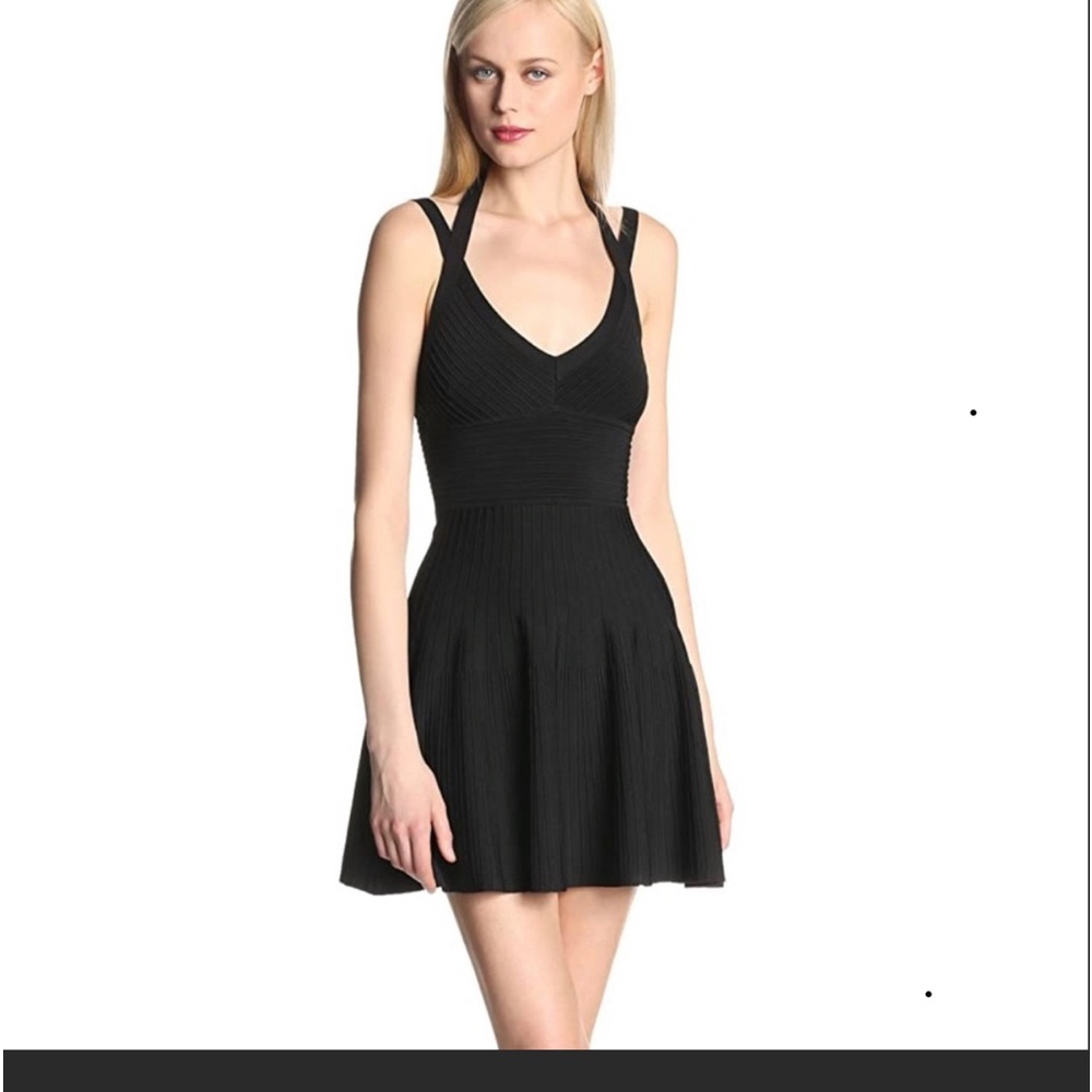 BCBGMaxAzria cocktail dress black ribbed mini full skirt, straps, Sz S, Elegant! - Picture 1 of 16